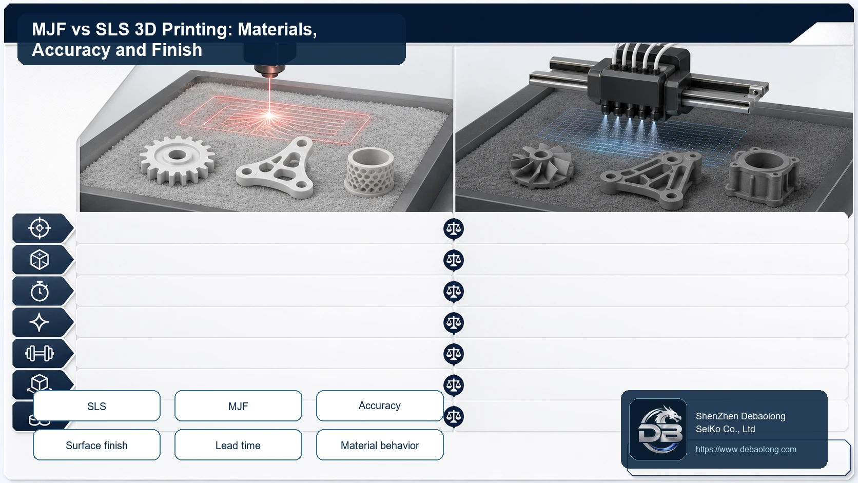 MJF versus SLS 3D printing comparison showing powder bed process, nylon materials, accuracy, surface finish, processing time and part size.