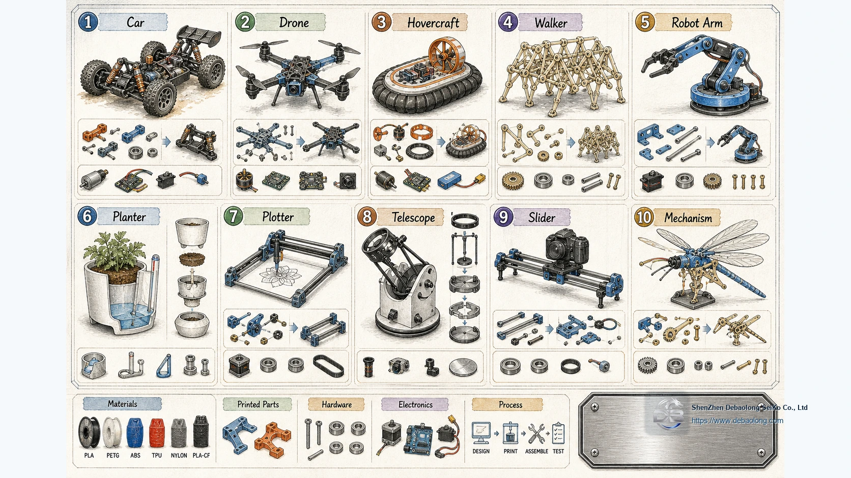 Open-source 3D printing project board showing RC car, drone, hovercraft, walking mechanism, robotic arm, planter, plotter, telescope and camera slider.