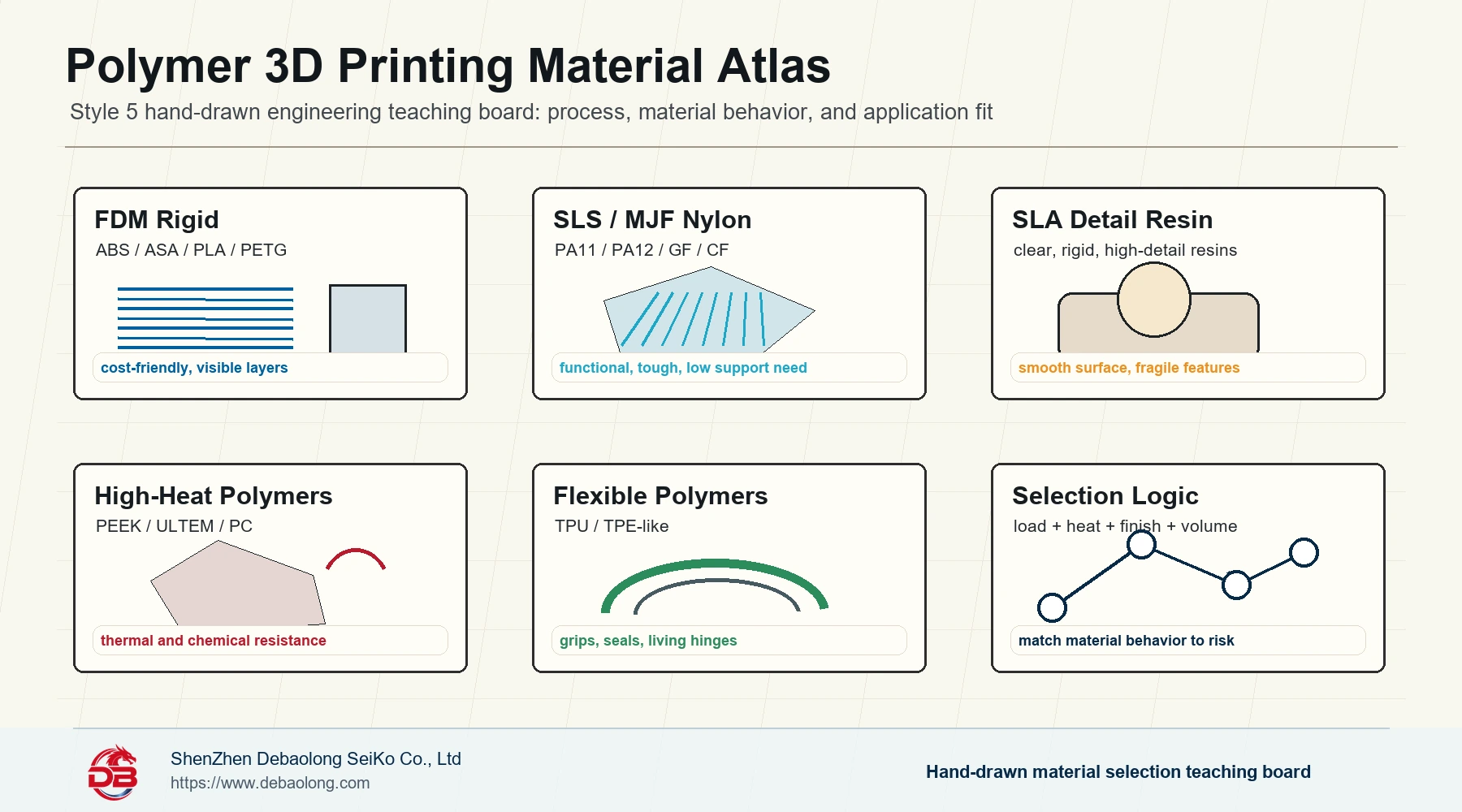 Hand-drawn polymer 3D printing material atlas showing FDM rigid plastics, SLS and MJF nylon, SLA detail resin, high-heat polymers, flexible TPU, and selection logic.