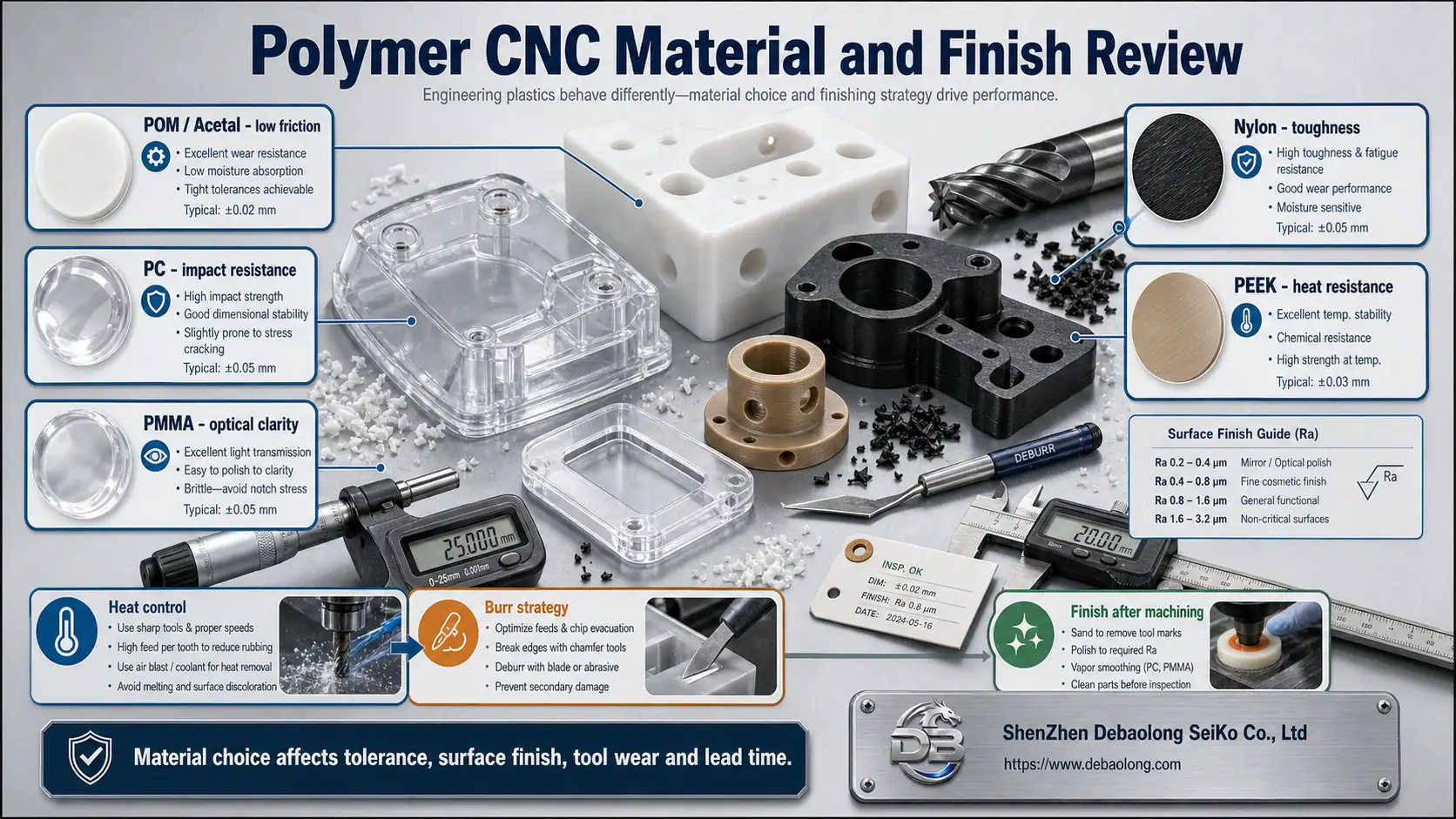 Polymer CNC machining material and finish review showing plastic stock, drilled features, toolpath, heat control, deburring, polishing, and inspection.