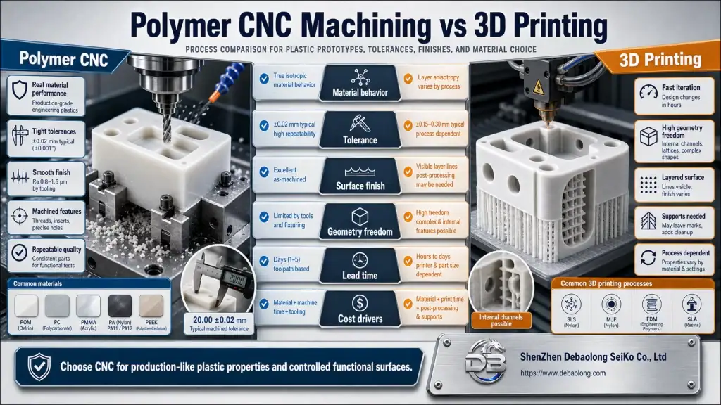 Polymer CNC machining versus 3D printing comparison showing plastic stock machined tolerances printed geometry freedom finish and process selection