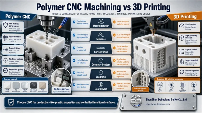Polymer CNC machining versus 3D printing comparison showing plastic stock, machined tolerances, printed geometry freedom, finish, and process selection.