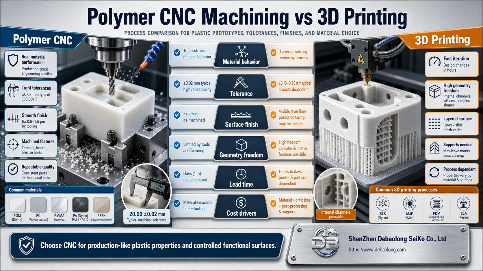 Polymer CNC machining versus 3D printing comparison showing plastic stock, machined tolerances, printed geometry freedom, finish, and process selection.