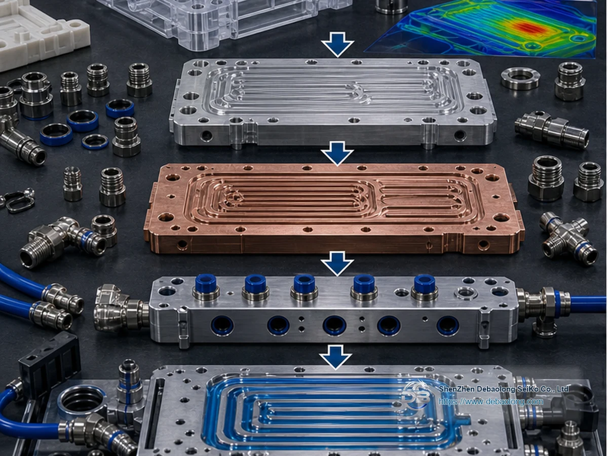 Manufacturing diagram of prototype to production cooling parts showing coolant channels, O-ring groove sealing, material interfaces and tolerances.