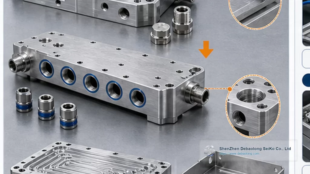 CNC machining photo of prototype to production cooling parts with ports, mounting holes, inspected surface finish and thermal management hardware.