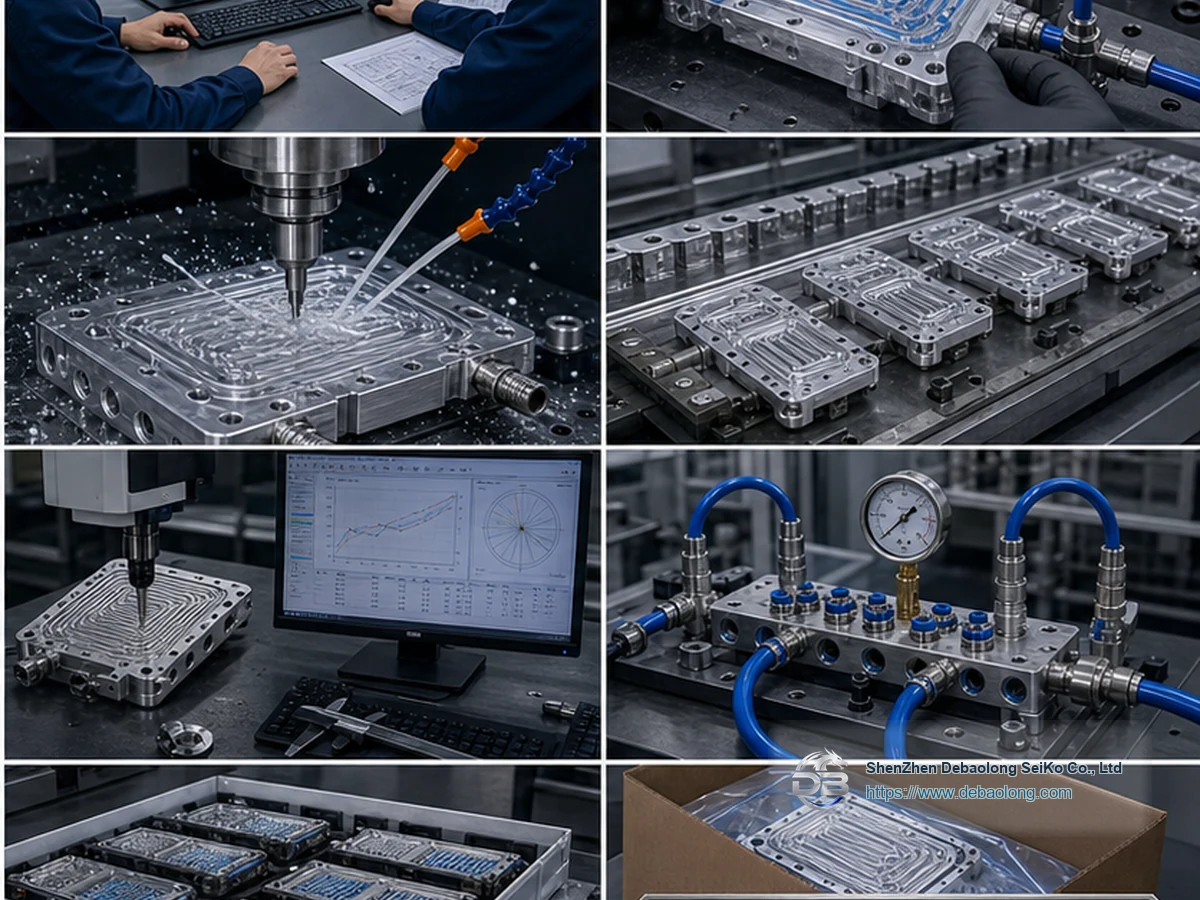 Quality workflow for prototype to production cooling parts with CNC machining, deburring, surface treatment, inspection, leak testing and clean packaging.