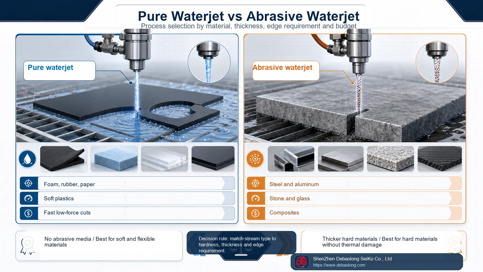 Pure waterjet versus abrasive waterjet comparison infographic showing materials, edge quality, process strengths, cutting applications, and selection logic.