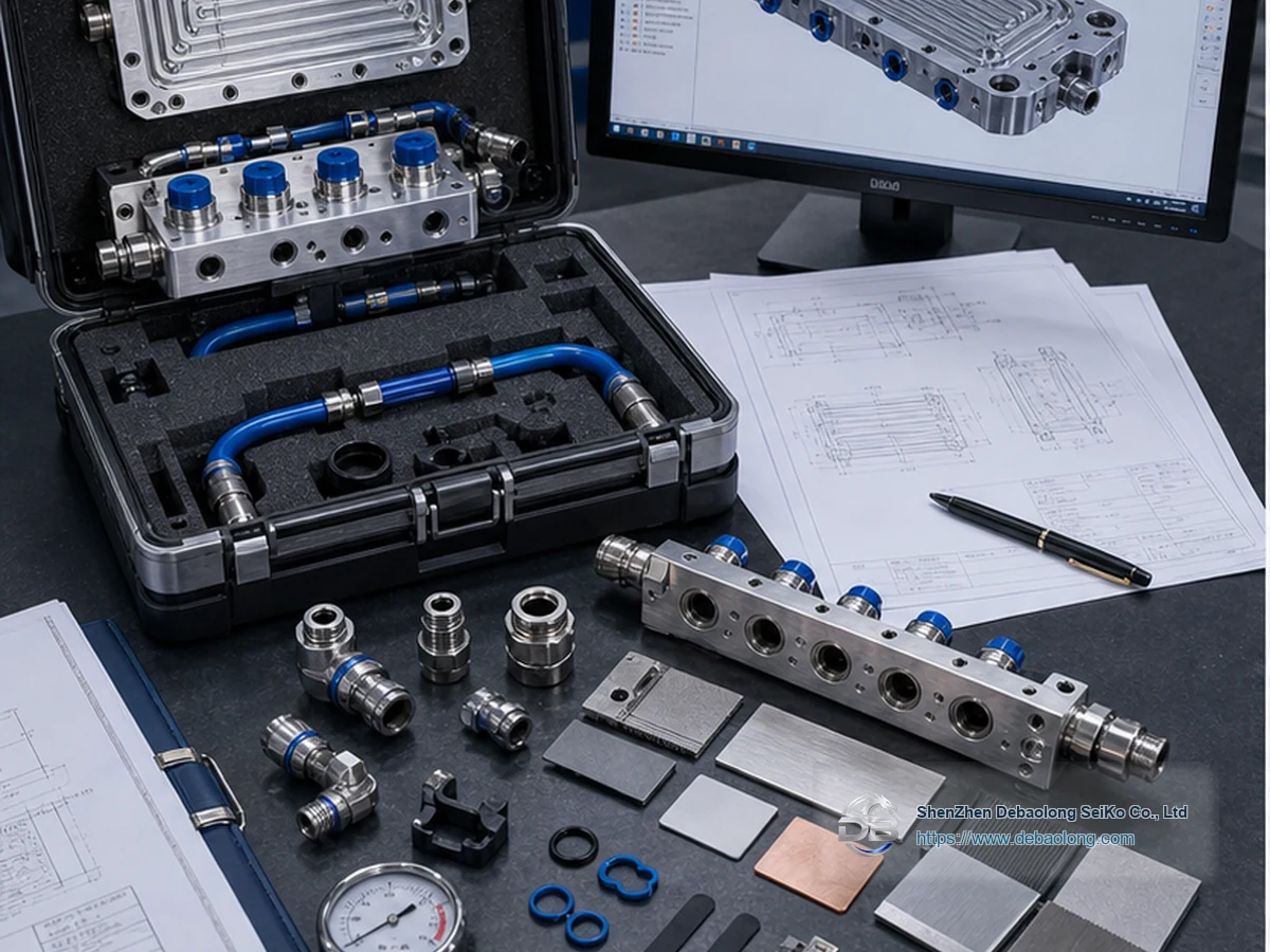 Manufacturing diagram of RFQ-ready liquid cooling components showing coolant channels, O-ring groove sealing, material interfaces and tolerances.