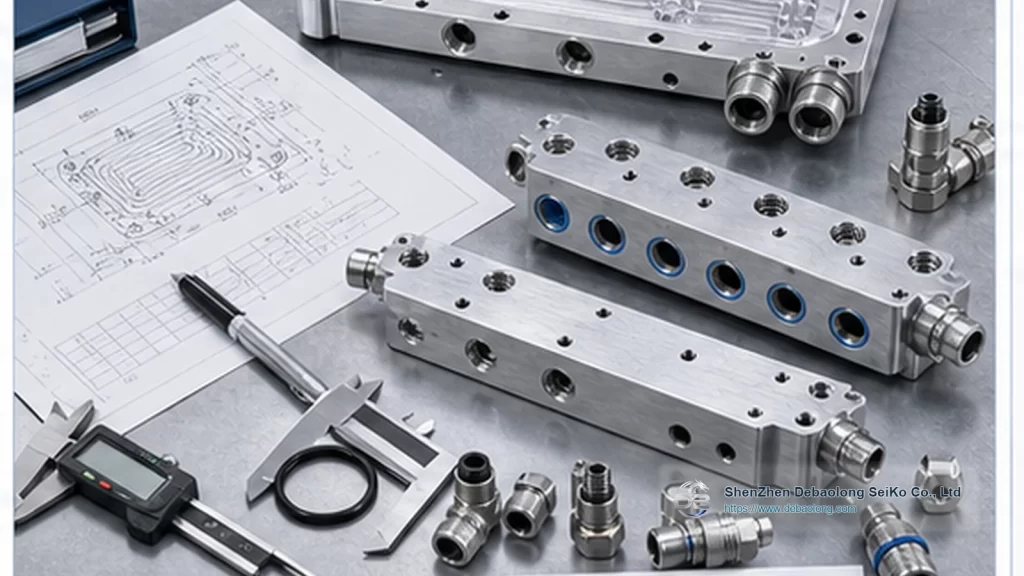 CNC machining photo of RFQ-ready liquid cooling components with ports, mounting holes, inspected surface finish and thermal management hardware.