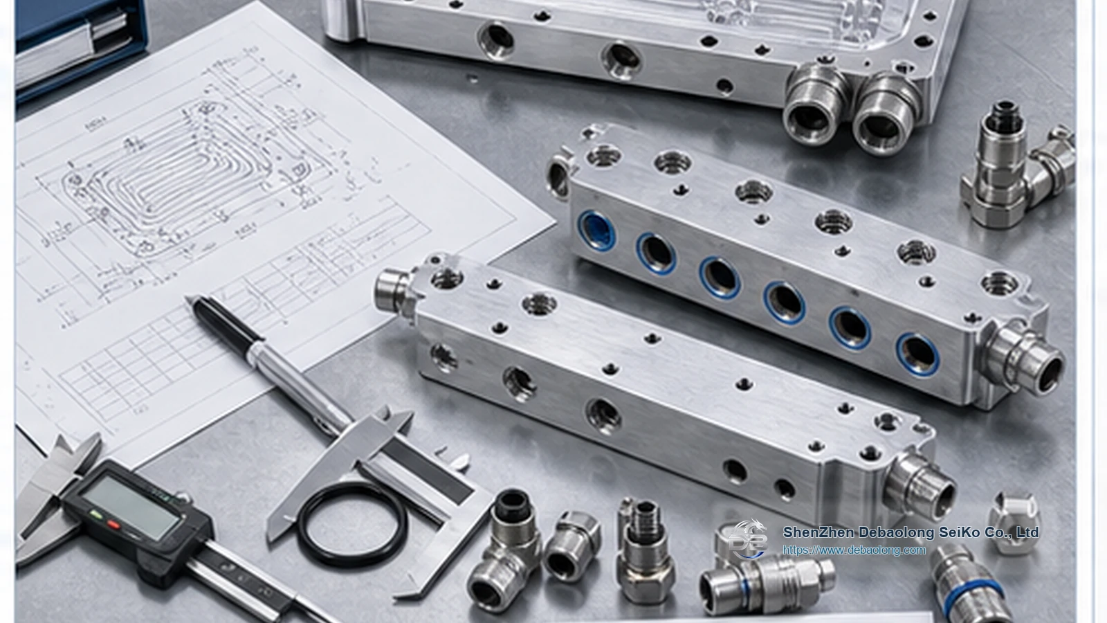 CNC machining photo of RFQ-ready liquid cooling components with ports, mounting holes, inspected surface finish and thermal management hardware.