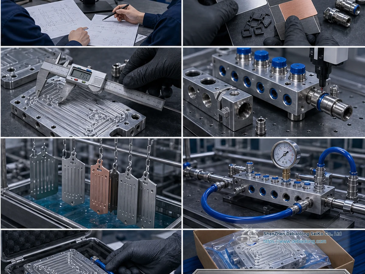 Quality workflow for RFQ-ready liquid cooling components with CNC machining, deburring, surface treatment, inspection, leak testing and clean packaging.