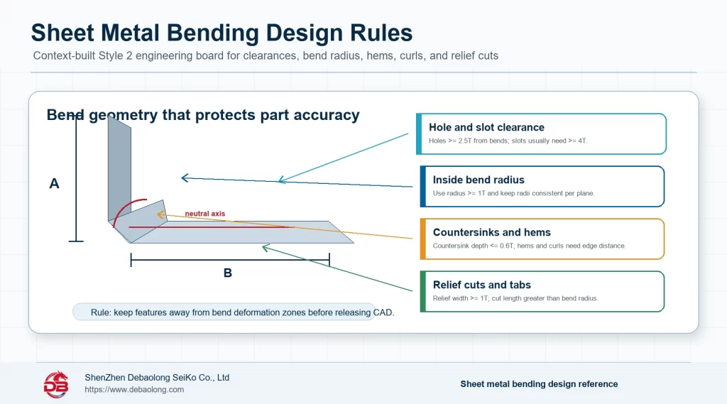 Sheet metal bending design rules infographic showing bend radius hole and slot clearance countersink spacing hems tabs and relief cuts
