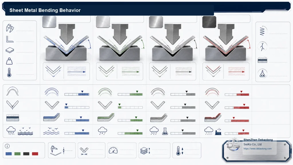Sheet metal bending behavior diagram showing bend radius, grain direction, springback, crack risk, coating behavior and corrosion exposure.
