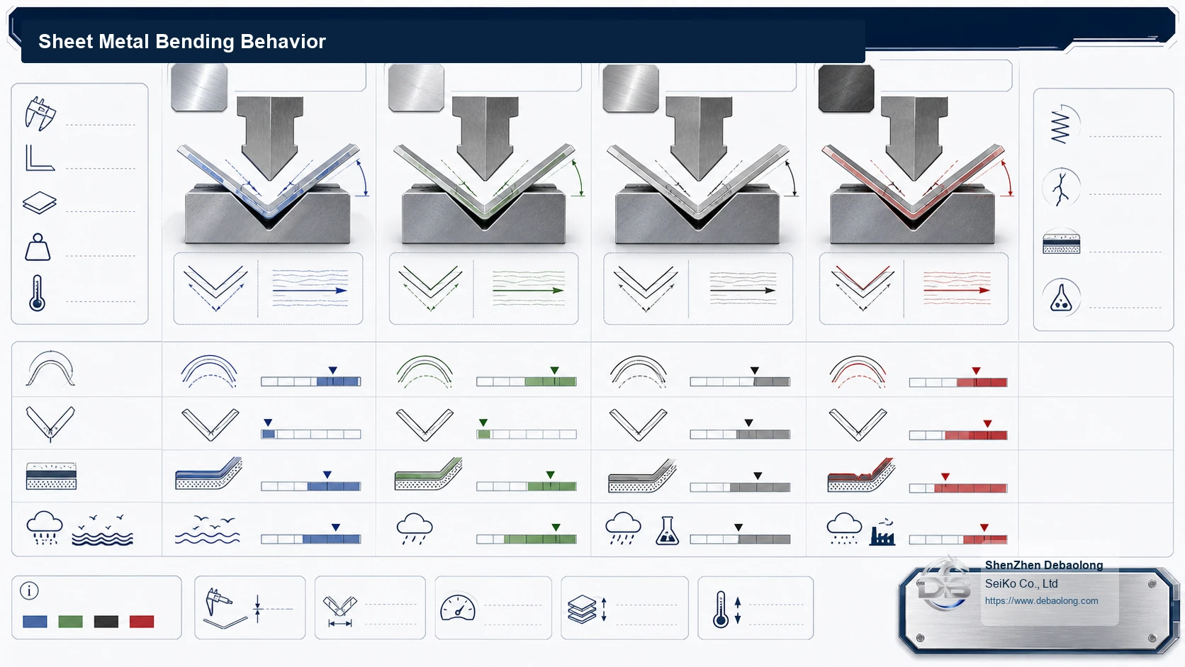 Sheet metal bending behavior diagram showing bend radius, grain direction, springback, crack risk, coating behavior and corrosion exposure.