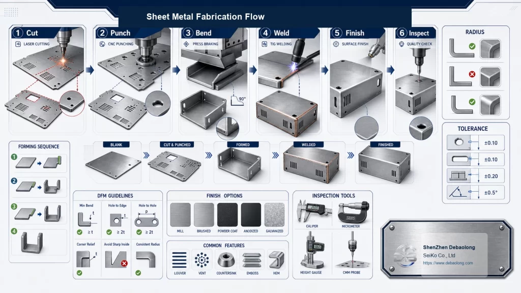 Sheet metal fabrication process diagram showing laser cutting waterjet cutting plasma cutting bending and formed enclosure applications