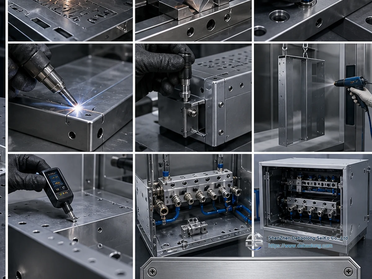 Quality workflow for sheet metal liquid cooling cabinets with CNC machining, deburring, surface treatment, inspection, leak testing and clean packaging.
