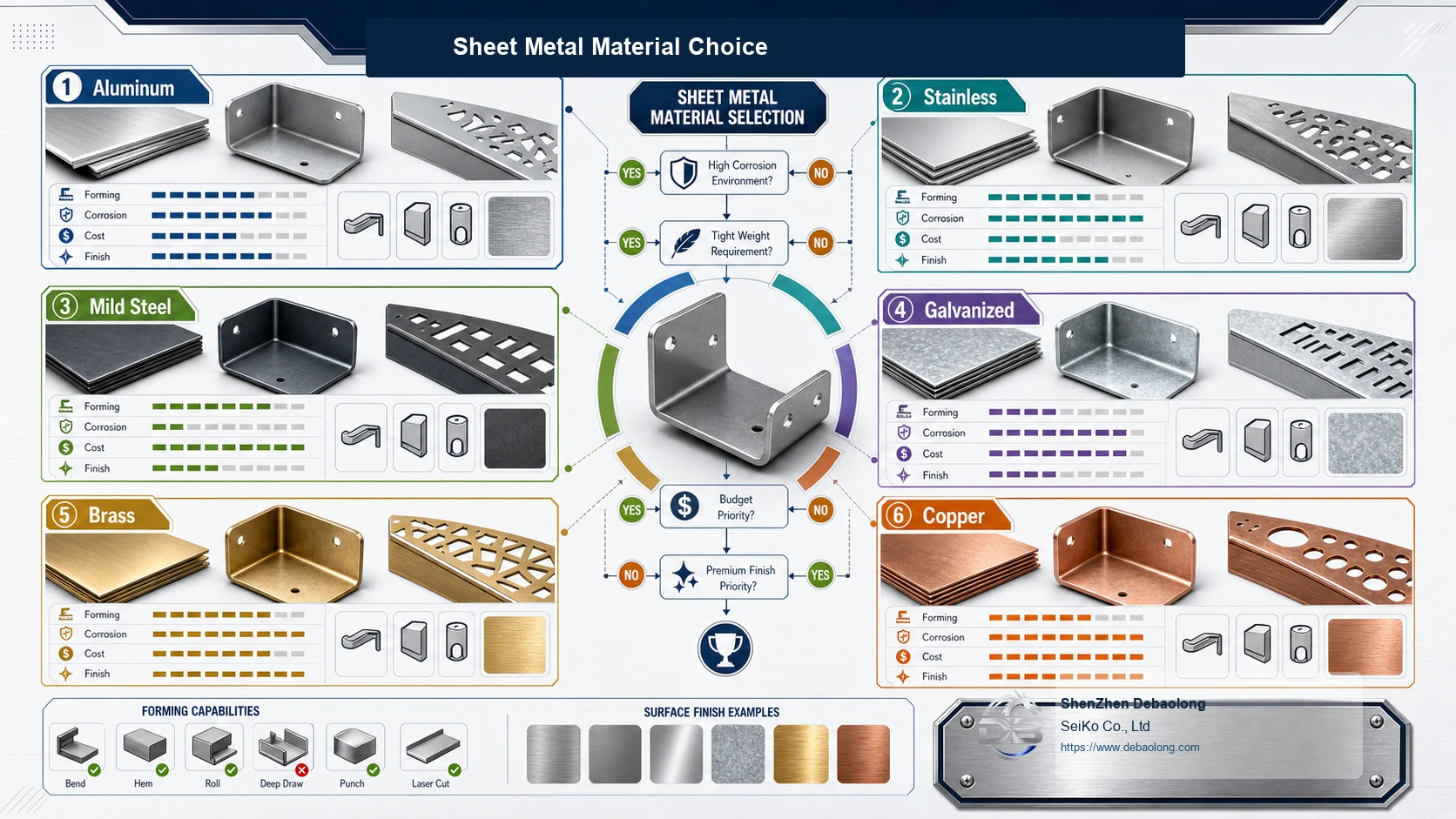 Sheet metal material selection comparison showing aluminum 5083, aluminum 6082, stainless steel, mild steel and galvanized sheet options.