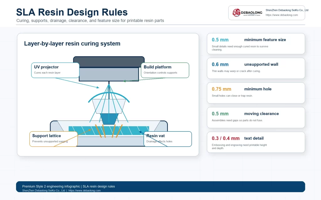 SLA resin 3D printing design rules infographic showing curing supports drainage clearance wall thickness hole size and printable feature limits