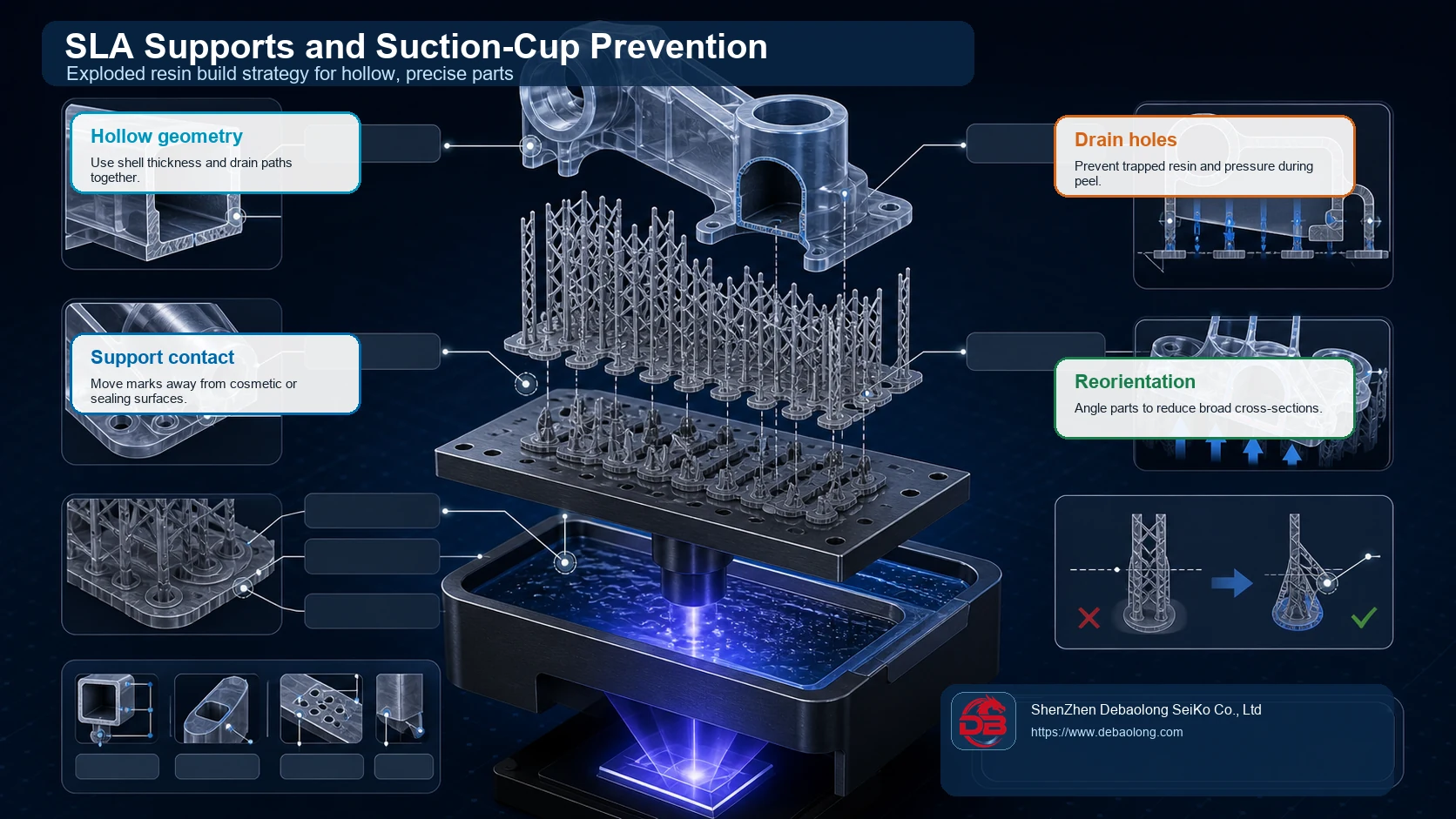 Premium exploded SLA resin build render showing support structures, hollow geometry, drain holes, orientation strategy and suction cup prevention.