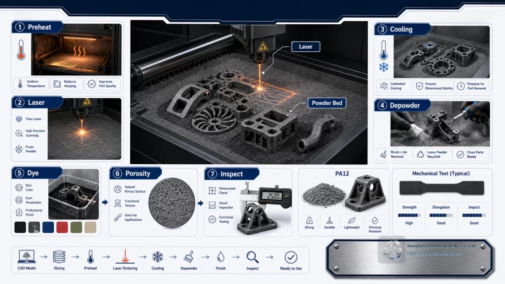 SLS 3D printing technology overview showing powder preheating laser sintering cooling depowdering dyeing porosity and PA12 nylon parts