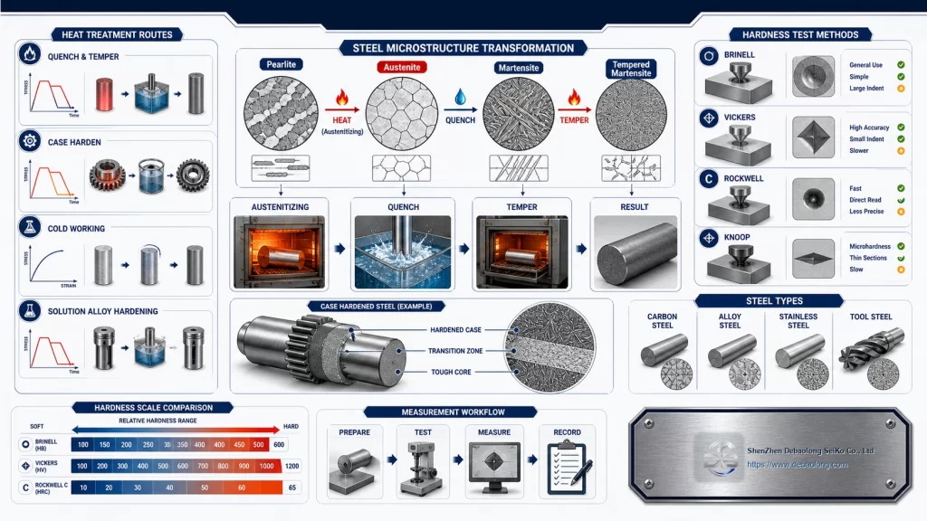 Steel hardening process infographic showing heat treatment routes microstructure transformation quenching tempering case hardening and hardness tests