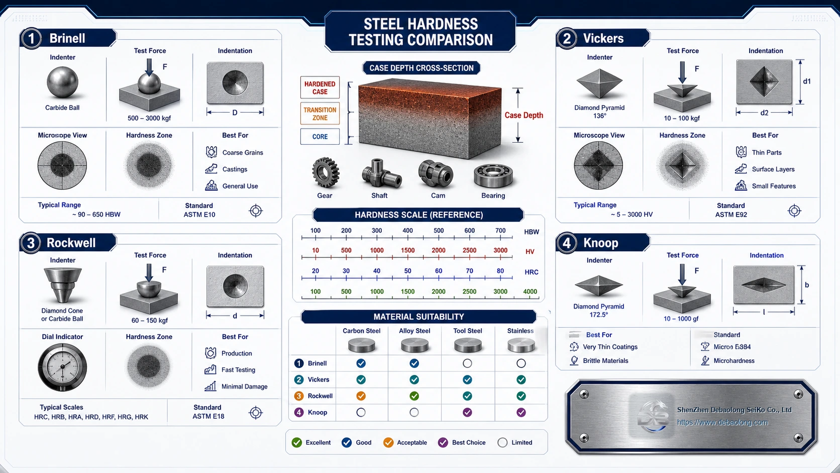 Steel hardness testing comparison showing Brinell, Vickers, Rockwell and Knoop indentation methods, case depth and material suitability.