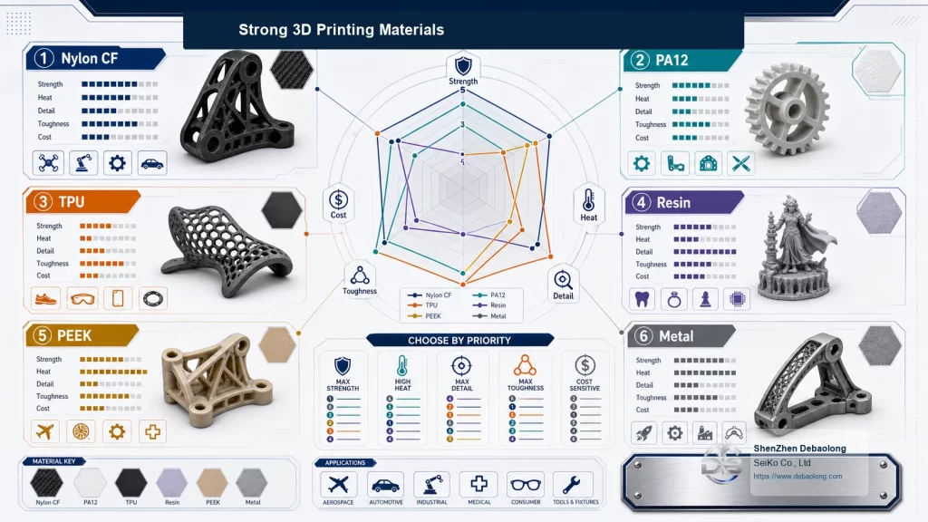 Strong 3D printing material comparison showing carbon filled nylon PC 17 4 stainless steel ULTEM PEEK AlSi10Mg and 316L parts
