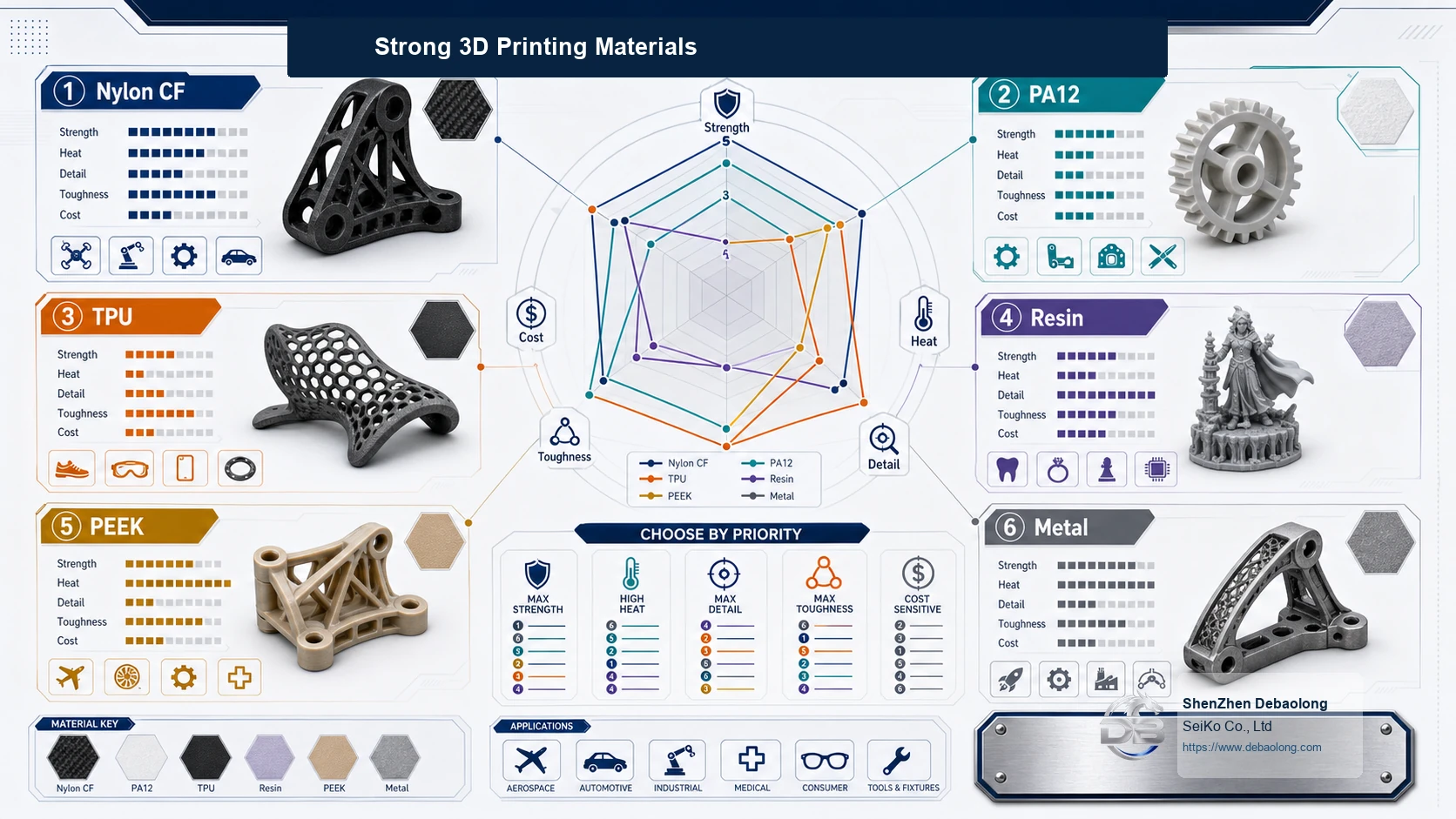 Strong 3D printing material comparison showing carbon-filled nylon, PC, 17-4 stainless steel, ULTEM, PEEK, AlSi10Mg and 316L parts.