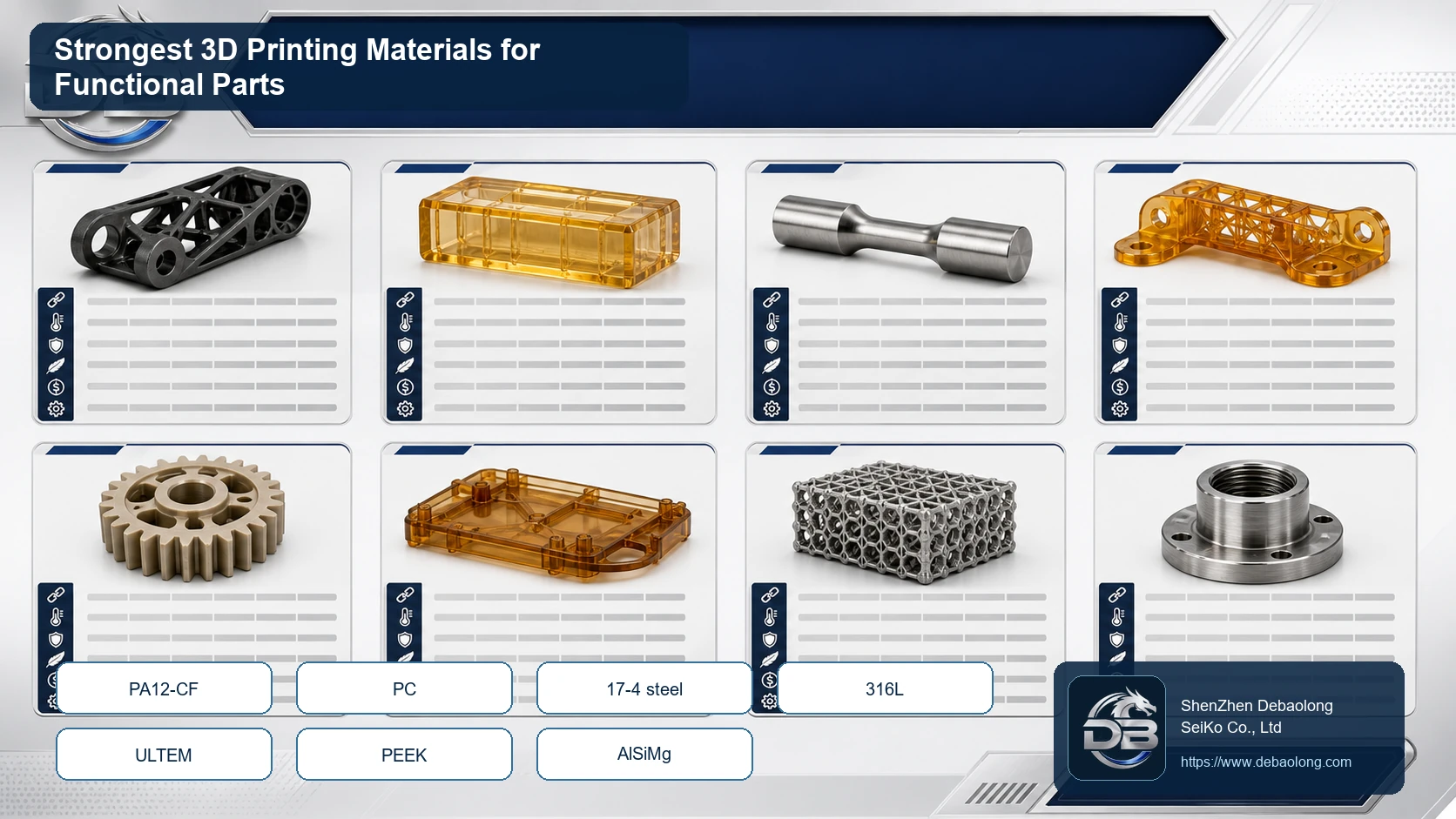 Strong 3D printing material comparison showing carbon-filled nylon, PC, 17-4 stainless steel, ULTEM, PEEK, AlSi10Mg and 316L parts.