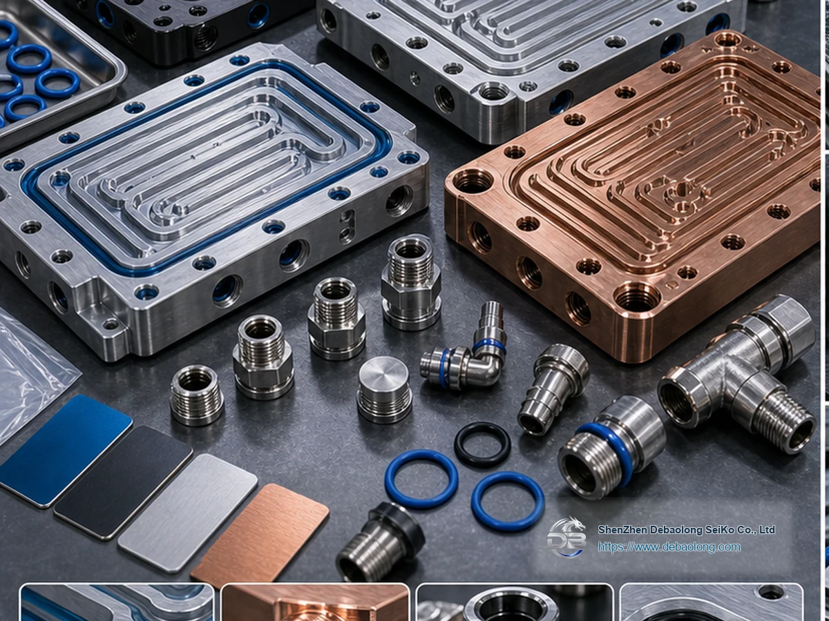 Manufacturing diagram of surface treated liquid cooling parts showing coolant channels, O-ring groove sealing, material interfaces and tolerances.