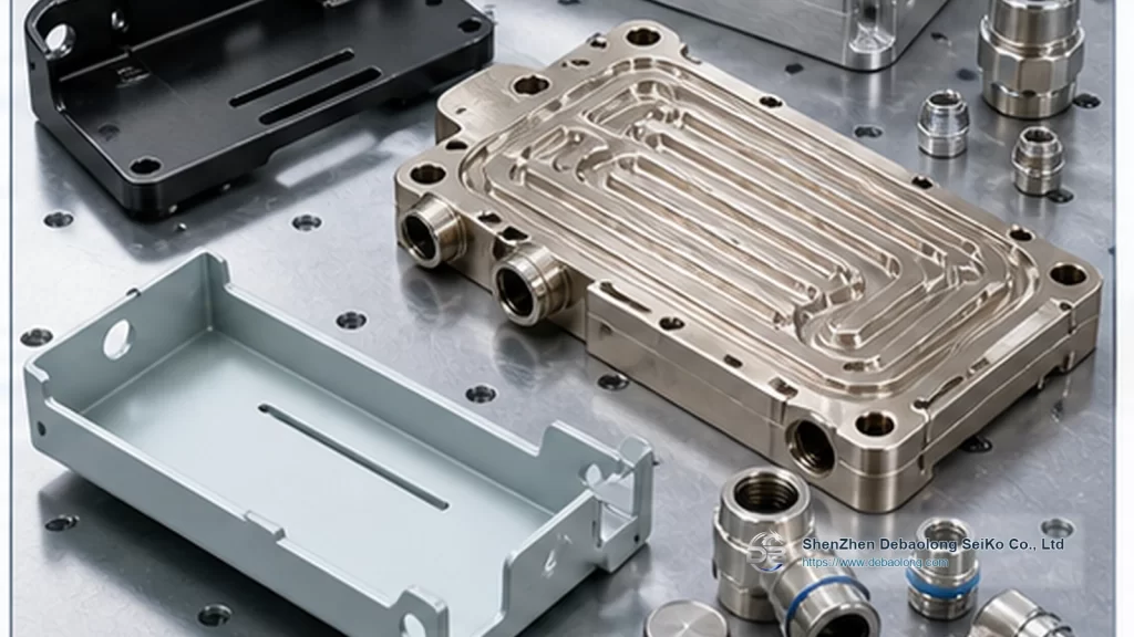 CNC machining photo of surface treated liquid cooling parts with ports, mounting holes, inspected surface finish and thermal management hardware.