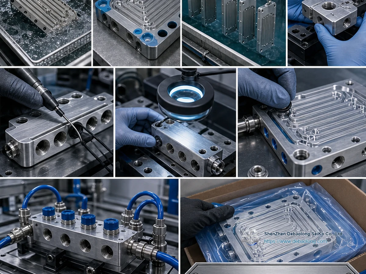 Quality workflow for surface treated liquid cooling parts with CNC machining, deburring, surface treatment, inspection, leak testing and clean packaging.