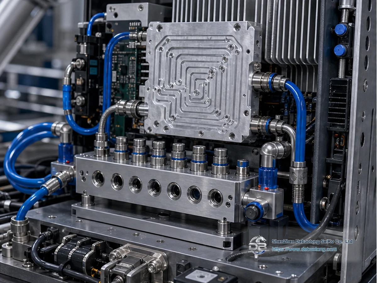 Manufacturing diagram of robotics thermal management components showing coolant channels, O-ring groove sealing, material interfaces and tolerances.
