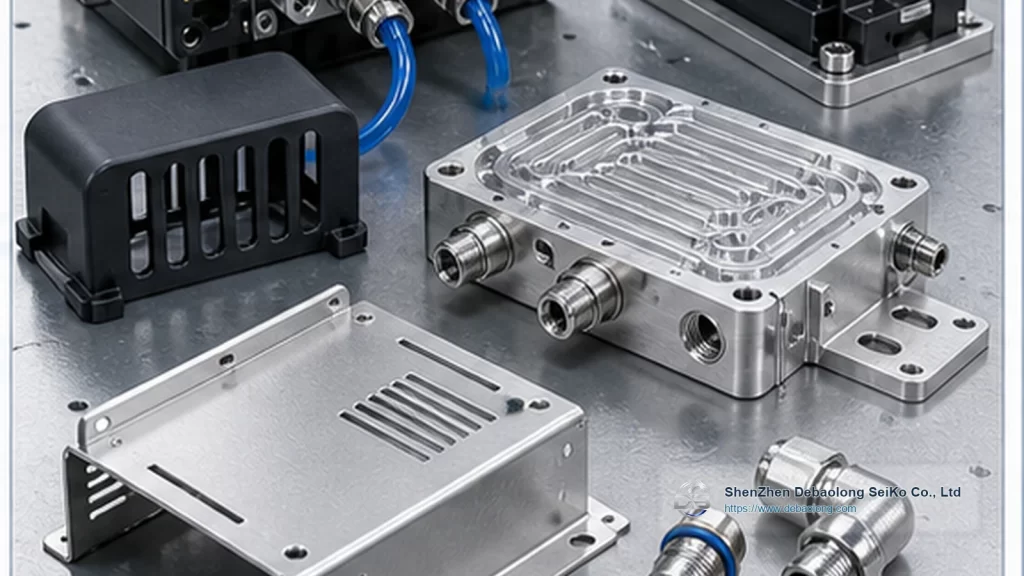 CNC machining photo of robotics thermal management components with ports, mounting holes, inspected surface finish and thermal management hardware.