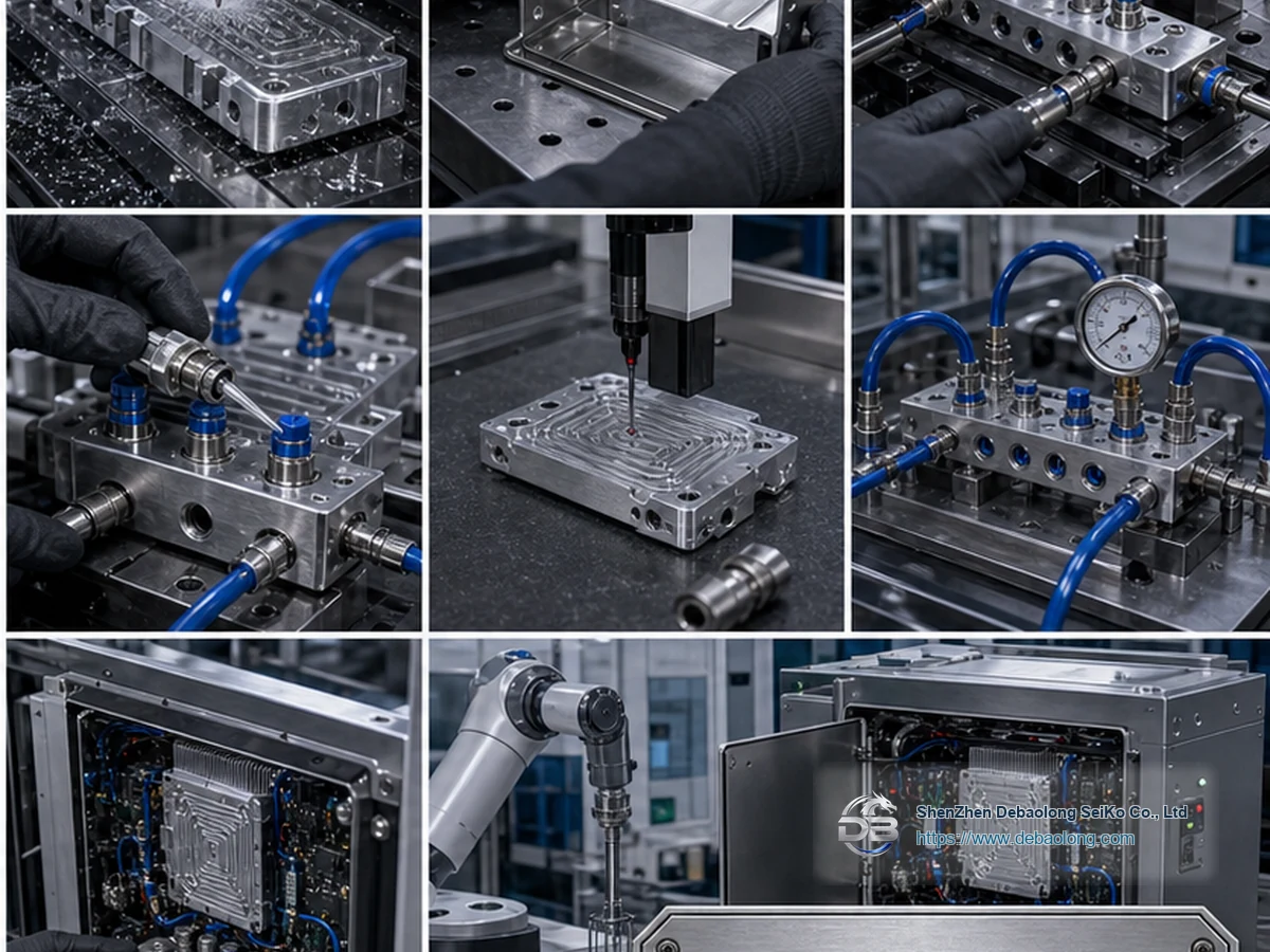 Quality workflow for robotics thermal management components with CNC machining, deburring, surface treatment, inspection, leak testing and clean packaging.