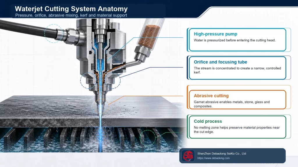 Waterjet cutting system anatomy infographic showing high pressure pump orifice focusing tube abrasive stream kerf cold cutting process and material support