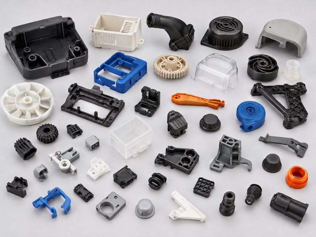 Assorted plastic appliance parts scattered on a gray background including housings gears and brackets