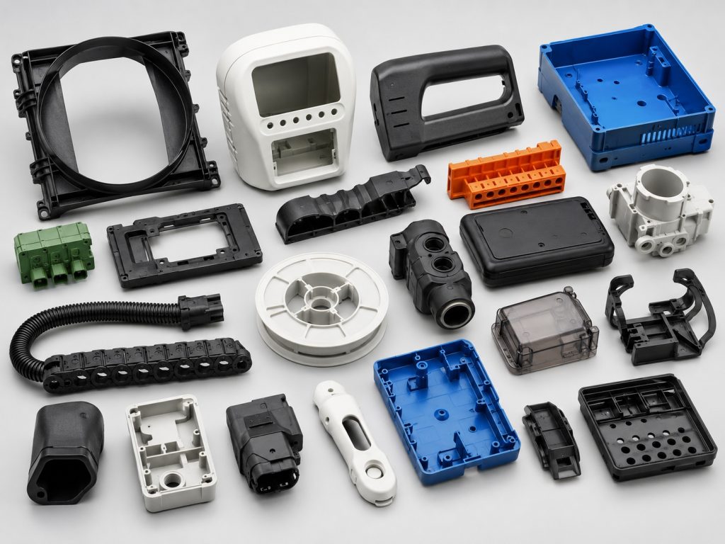 Assorted plastic housings and components for electrical devices laid out on a gray surface