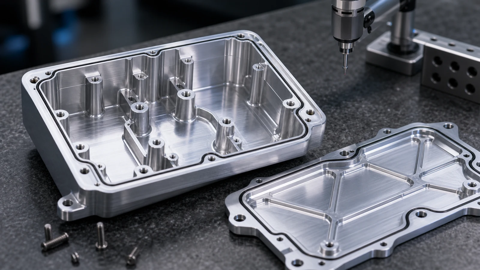 Thin-wall aluminum aerospace housing interior showing machined ribs, mounting bosses, countersunk holes and gasket groove.