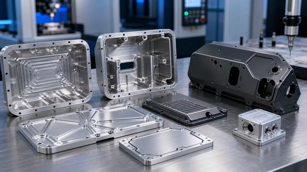 Precision CNC machined aerospace housings and lightweight cover panels with ribs, bosses and gasket features.