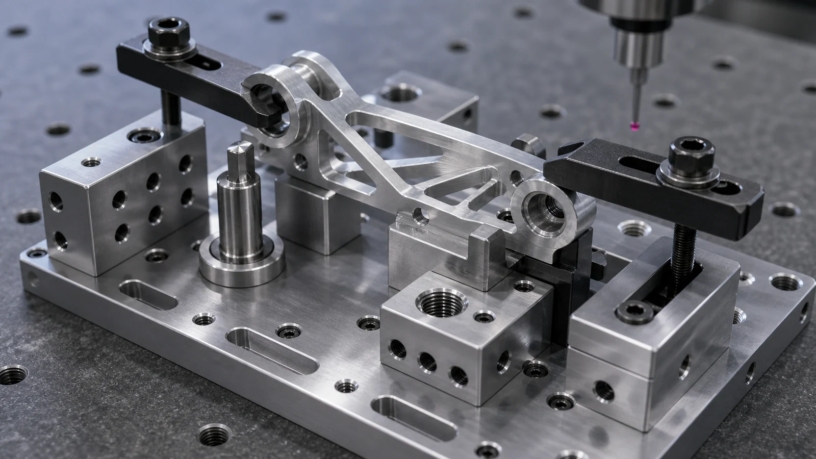 Close-up of aerospace inspection jig details including locating pin, clamp, datum block and machined adjustment slots.