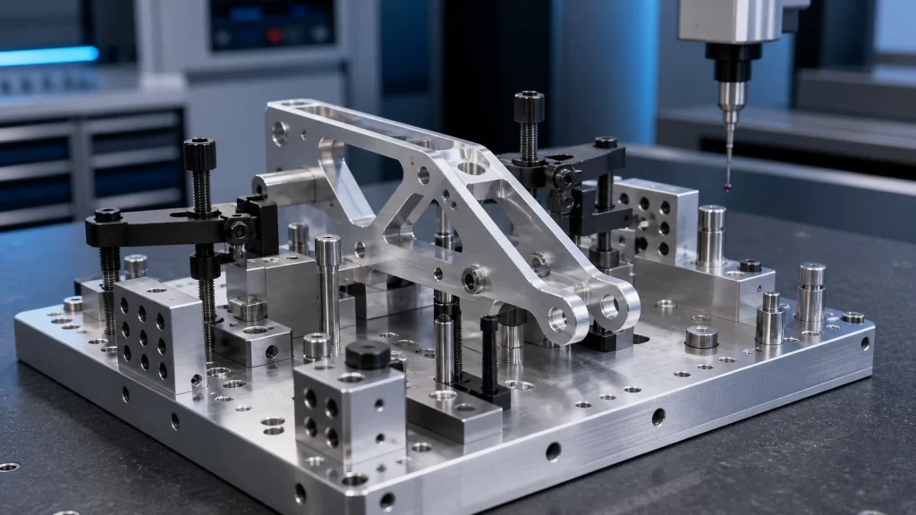 Aerospace prototype inspection fixture with machined base plate, locating pins, clamps and datum blocks.