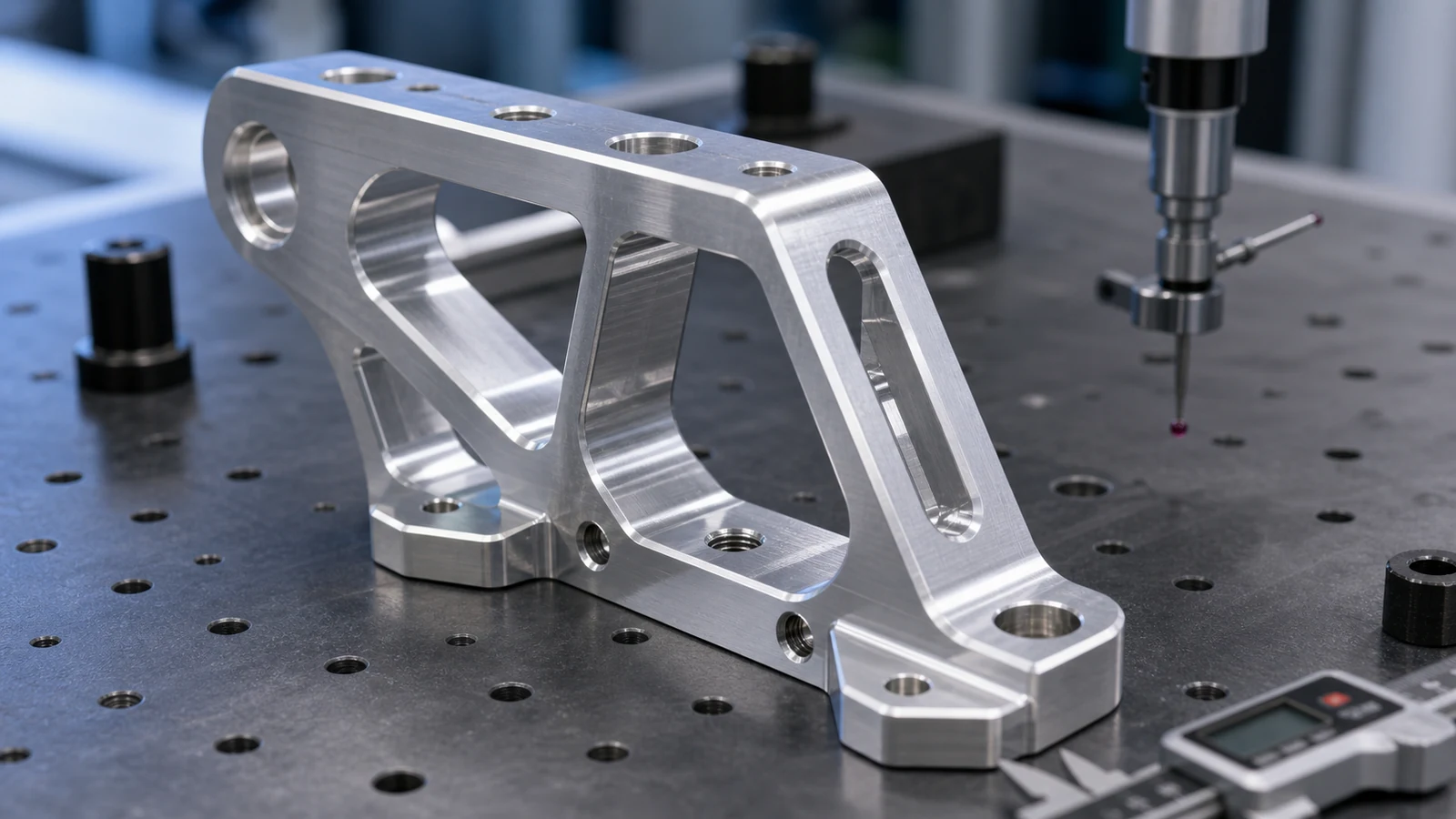 Close-up inspection view of a lightweight CNC machined aerospace bracket with datum faces, countersunk holes and chamfered edges.