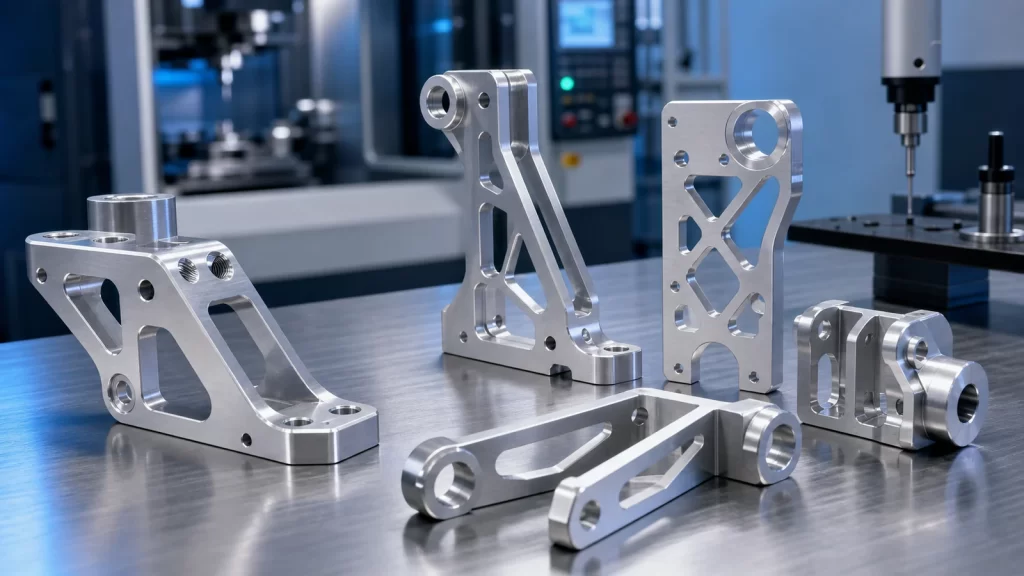 Lightweight CNC machined aluminum aerospace and UAV brackets with pocketed cutouts and threaded mounting features.