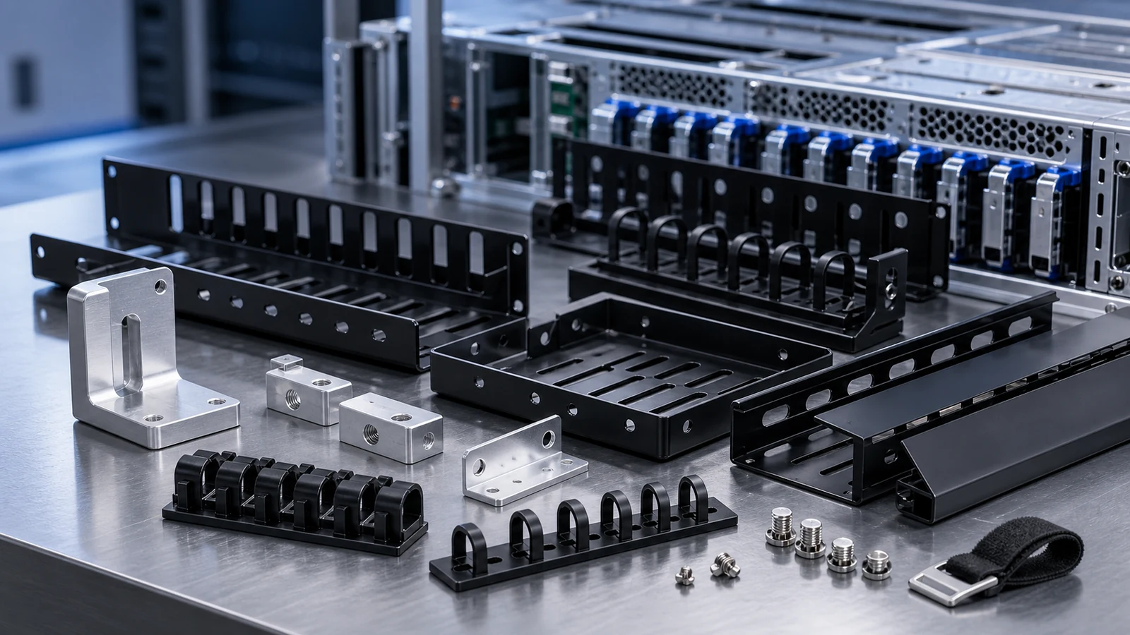 Sharp cable trays, routing brackets, plastic holders and support parts for AI server assemblies.