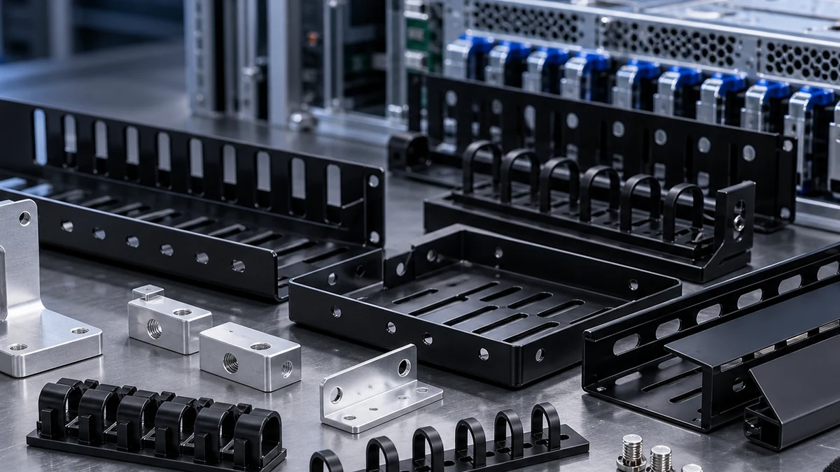 Close-up of cable trays, clips, holders and support brackets for AI server hardware.