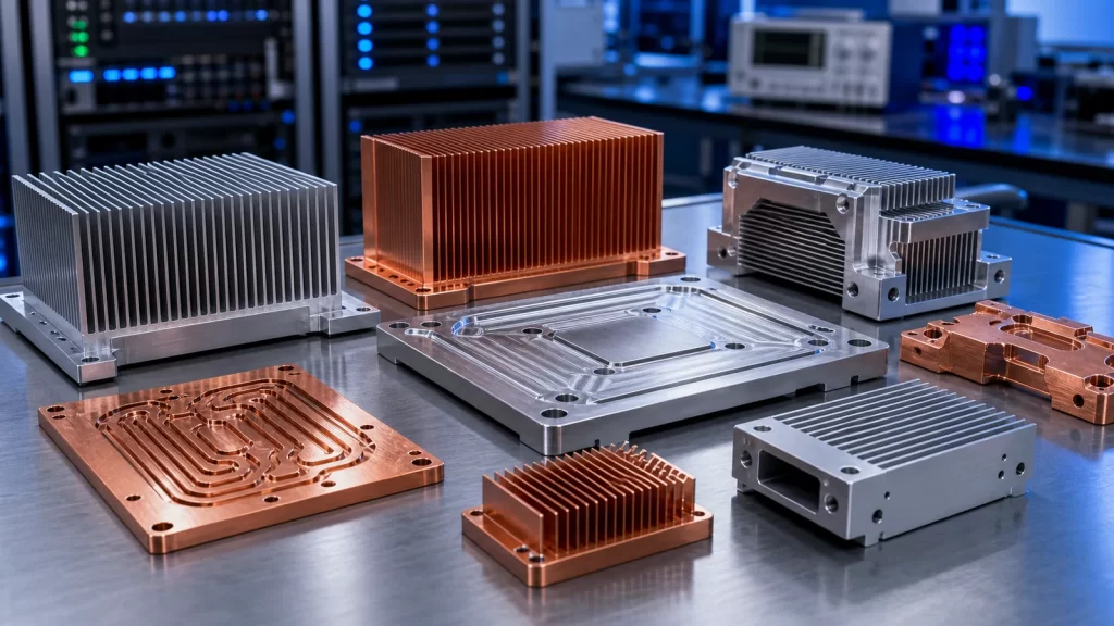 Sharp machined aluminum and copper heat sinks, thermal plates and contact surfaces for AI computing systems.