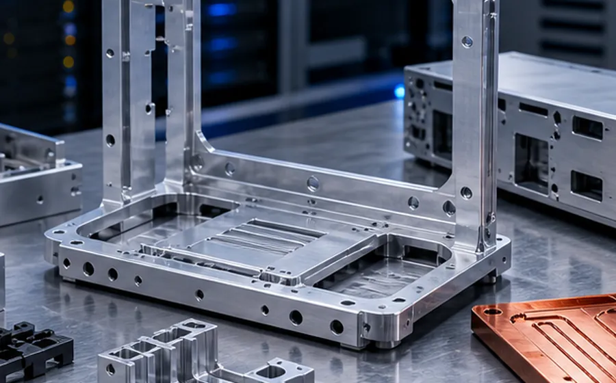 Precision machined AI server mounting frames and structural hardware.