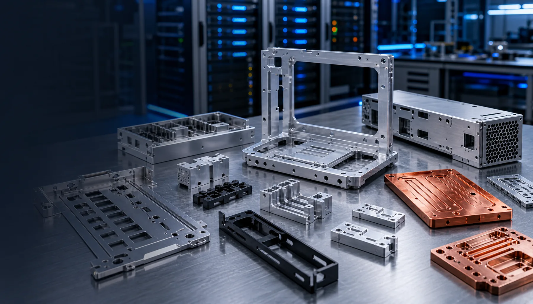 Precision machined AI server and data center hardware including mounting frames, sheet metal trays, thermal plates and power module housings.