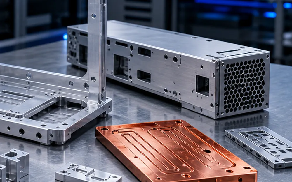 Machined data center hardware components showing aluminum frames, copper thermal plates and surface finish details.